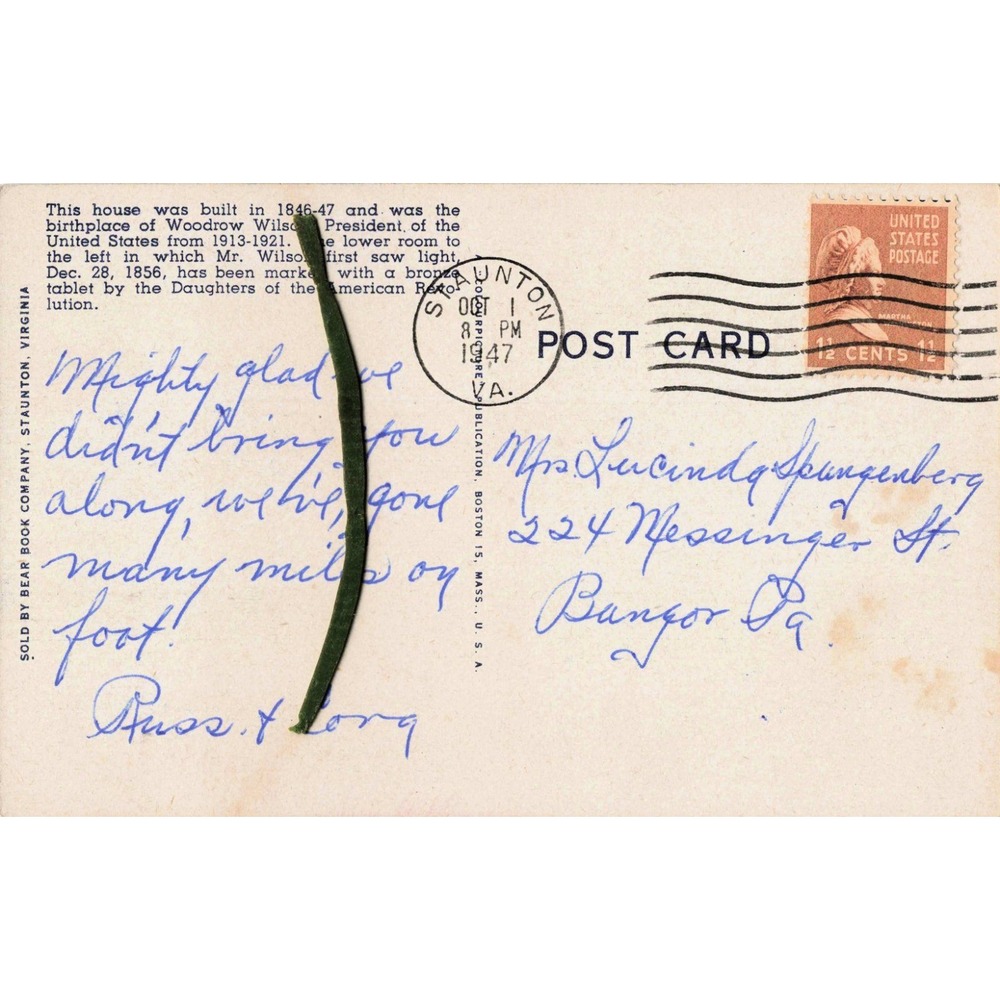 Vintage 1947 Woodrow Wilson Birthplace Postcard Staunton Virginia Linen VG - Picture 2 of 2